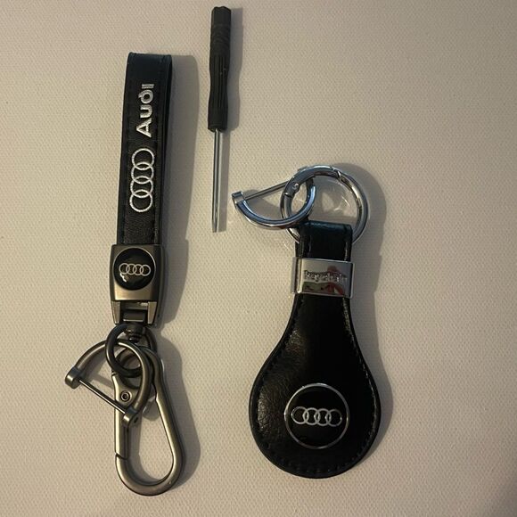 Audi Key Fob Keychains in Black Leather Set of 2 NWT - Picture 1 of 4